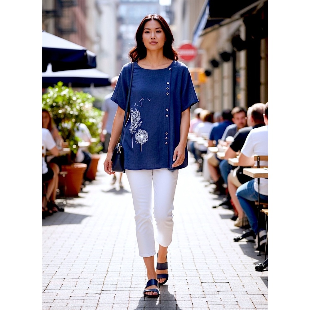 Navy Blue Short Sleeve Cotton Blend Dandelion Tunic Top Size 4X (Fits Like 2X)